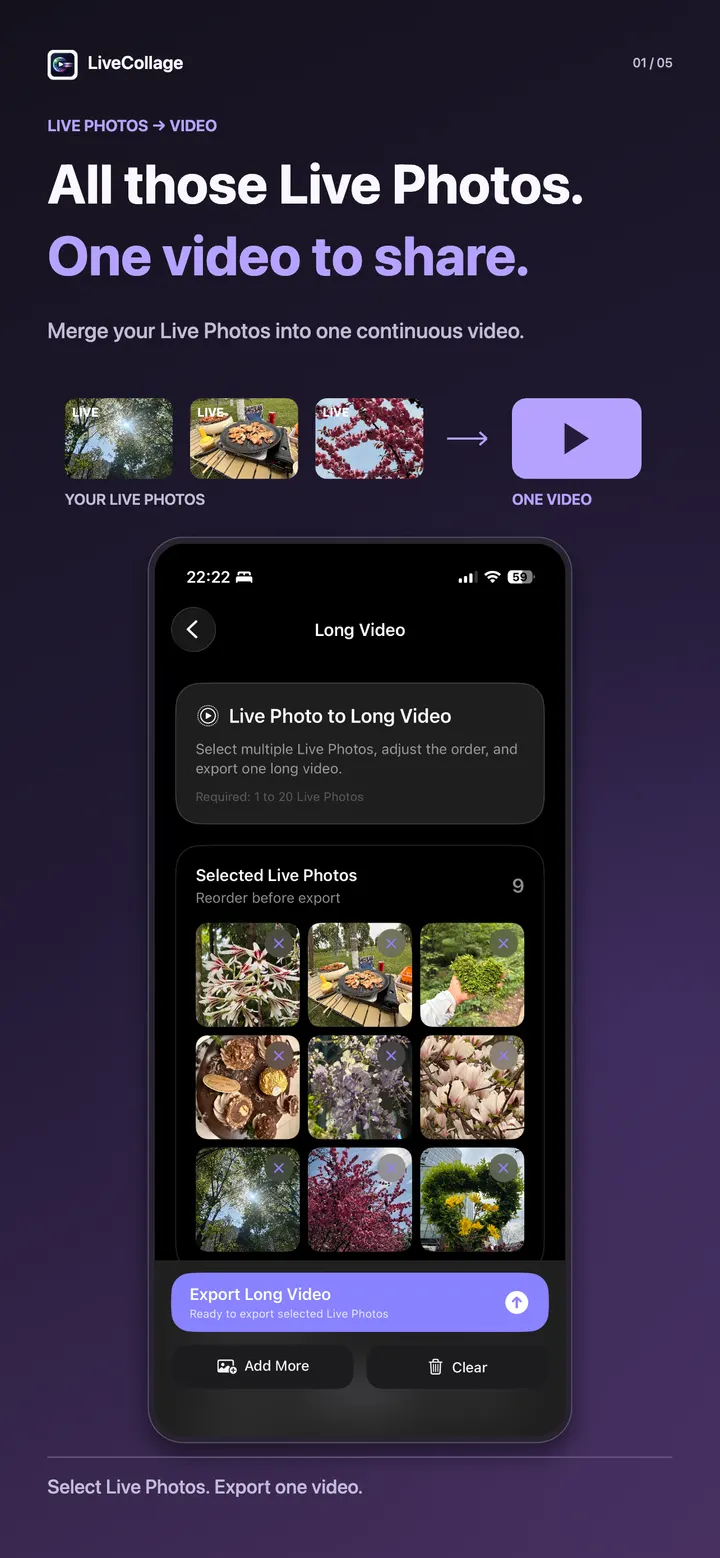 Merge scattered Live Photos into one shareable video in LiveCollage