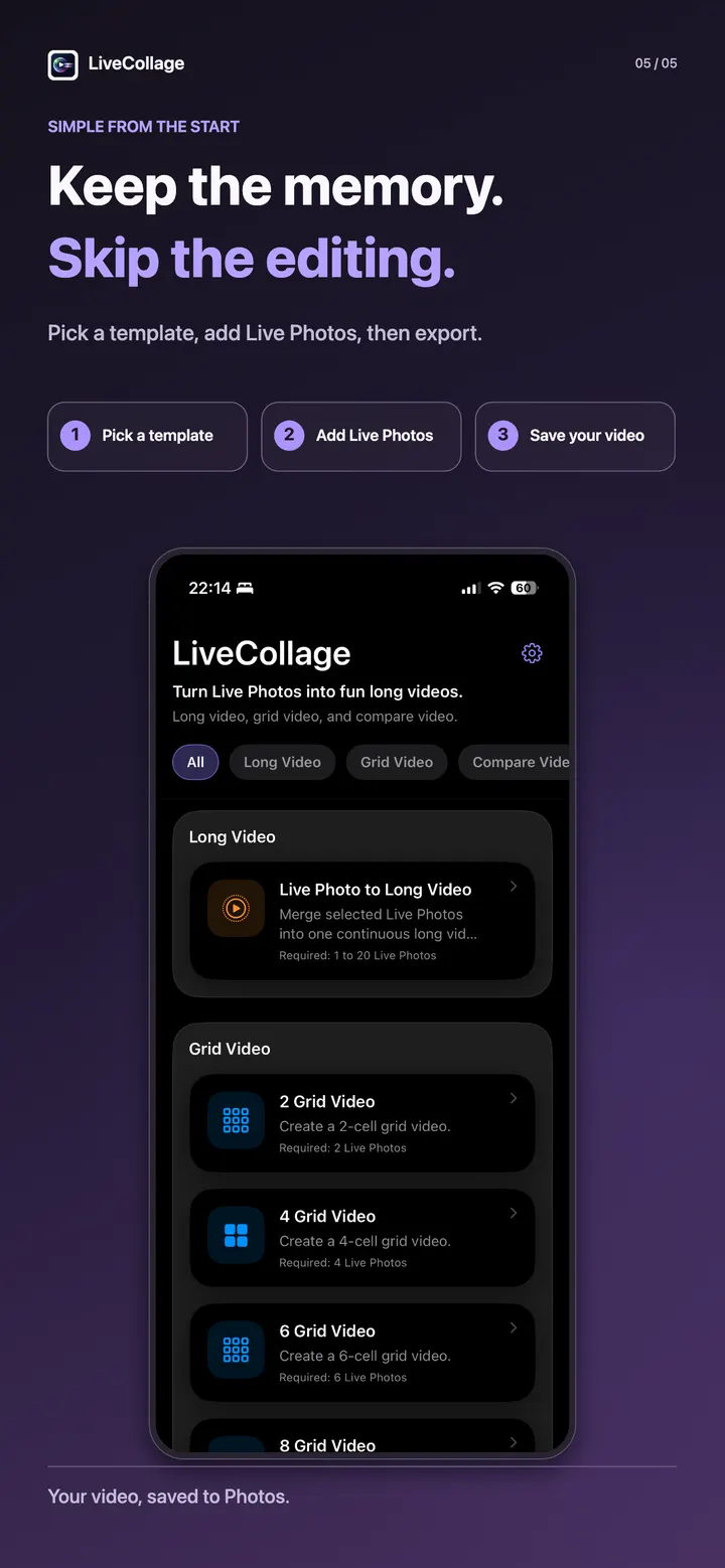 Choose a LiveCollage template, add Live Photos, and save a video